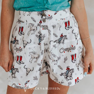 Western Printed Button Down Elastic Shorts - Lucky & Blessed