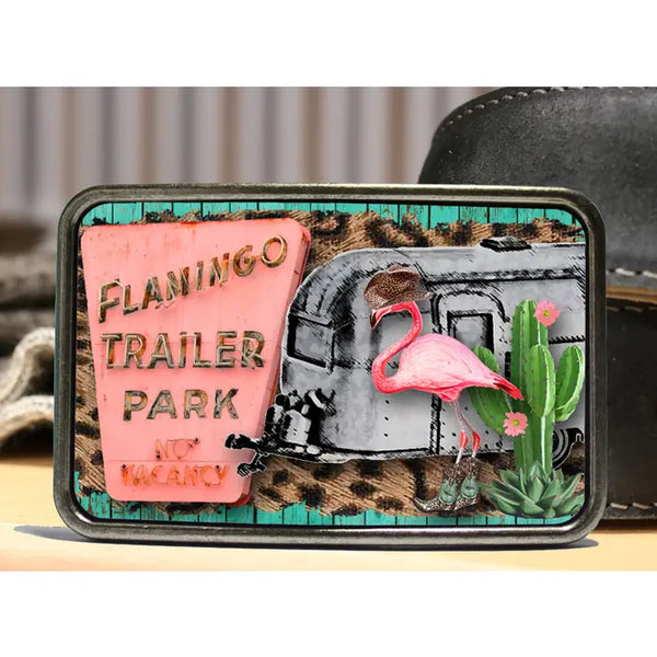 Flamingo Trailer Park Belt Buckle - Bungalow Blue Trading Co