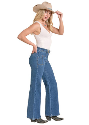 Women's Belted Relaxed Wide Leg Jeans - Rock & Roll Demin