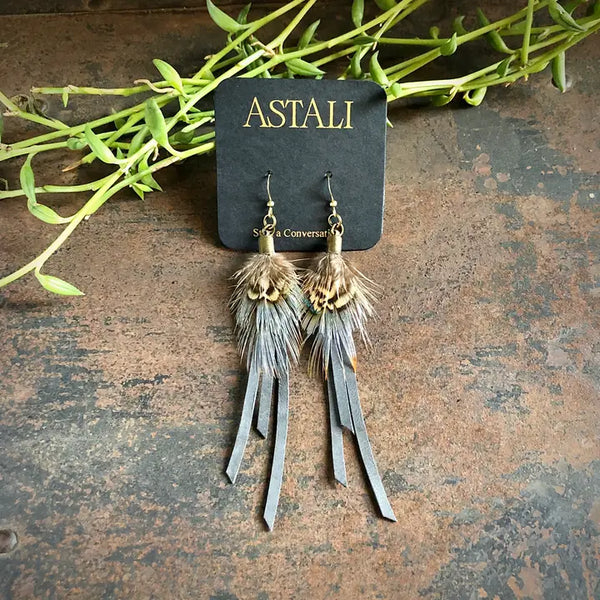 Leather & Pheasant Feather Earrings - ASTALI