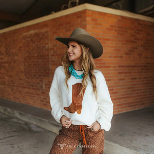 Women's Buck Stitch Contrast Boot Sweater - Lucky & Blessed