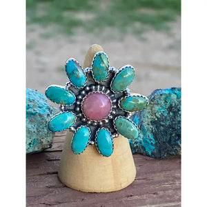 Pink Opal & Turquoise Flower Ring - Nizhoni Traders LLC