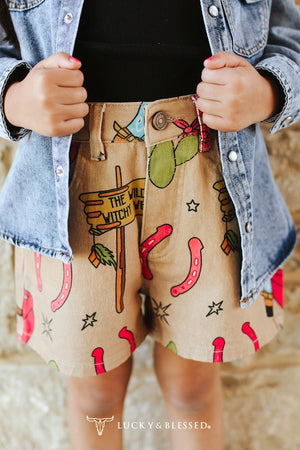 Girl's Western Printed High Rise Wide Leg Shorts - Lucky & Blessed