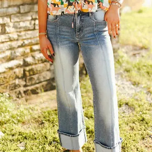 Cuffed Crease Wide Leg Mid Rise Jeans - Lucky & Blessed