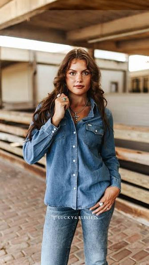 Women's Classic Yoke Button Down Denim Shirt - Lucky & Blessed