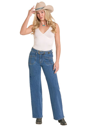 Women's Belted Relaxed Wide Leg Jeans - Rock & Roll Demin