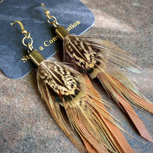 Leather Rust & Pheasant Feather Earrings - ASTALI