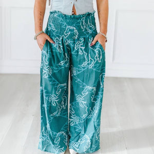 Women's Printed Teal High Rise Pants - Lucky & Blessed