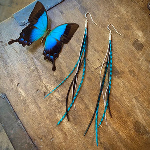 Mini Feather Earrings Turquoise & Black with Silver - ASTALI