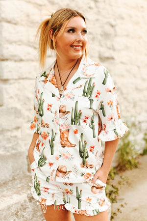 Cactus Western Printed Button Down Ruffle Sleeve W Shorts Set - Lucky & Blessed