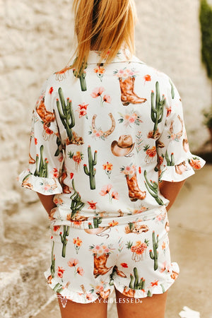 Cactus Western Printed Button Down Ruffle Sleeve W Shorts Set - Lucky & Blessed